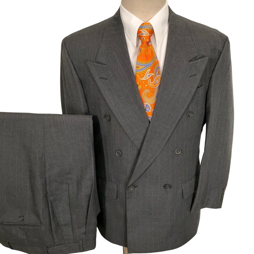Botany 500 Suit Mens 40S 35x27 Gray Double Breasted Pinstripe Athletic Fit